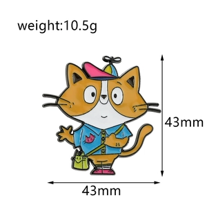 Detail view of cartoon cat enamel pin showing 43mm dimensions and 10.5g weight info