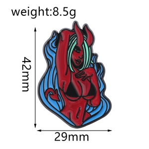 Detailed size map of the red anime succubus enamel pin with height and weight specs
