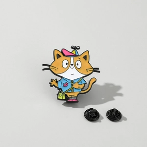Cartoon orange cat enamel pin wearing a bamboo dragonfly hat for bags and clothes