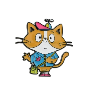 Cartoon orange cat enamel pin wearing a propeller hat and crossbody bag accessory