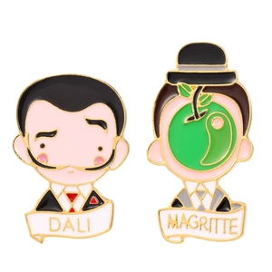 Cartoon Dali and Magritte surrealist artist enamel pins set in colorful metal finish