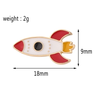 Detailed dimensions of rocket enamel pin showing 18mm length and 9mm width size