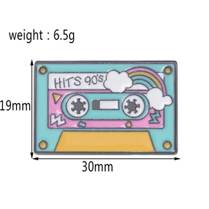 Retro 90s cassette enamel pin dimensions showing 30mm length and 6.5g weight detail