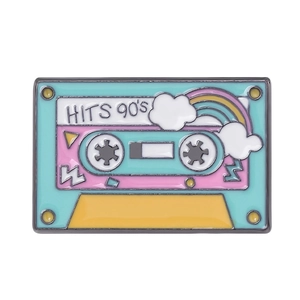Retro 90s Hits rainbow cassette enamel pin in pastel mint green and pink colors