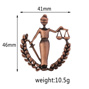 Vintage bronze Lady Justice brooch with Libra scales and sword, 41mm x 46mm size