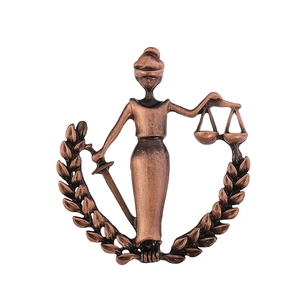 Bronze Libra Lady Justice metal brooch with sword, scales and laurel wreath relief
