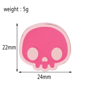 Pink skull enamel pin detail with dimensions 22mm x 24mm and weight 5g on white background