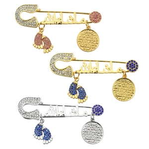 Islamic Muslim Mashallah Safety Pin Brooch With Baby Footprint Coin Pendant Alloy Rhinestone Brooch For Kids Baby Clothing Accessory