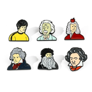 Creative cartoon enamel pins collection featuring Einstein, Newton and Da Vinci portraits
