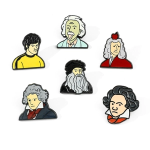 Detailed view of creative cartoon enamel pins featuring famous historical figures set of 6