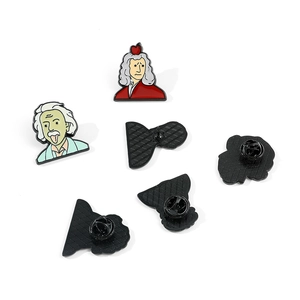 Detailed back and front views of famous scientist enamel pins with rubber clutch backings