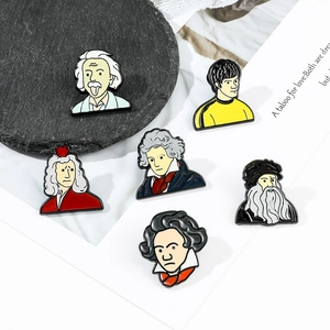 Detailed set of 6 cartoon enamel pins featuring iconic figures like Einstein and Bruce Lee