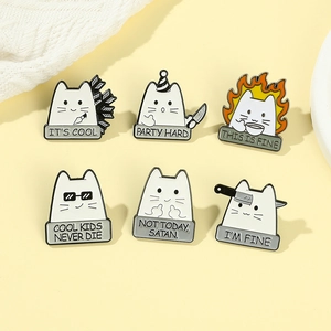 Détails de six épinglettes créatives en émail de chat blanc avec des mèmes drôles