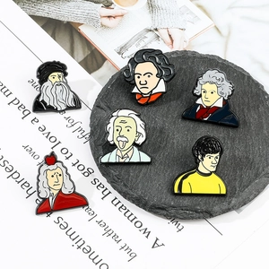 Detailed set of six cartoon celebrity enamel pins on dark stone with vintage paper