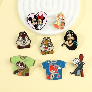 Cartoon enamel pins collection featuring Disney characters on yellow background display