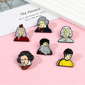 Detailed set of six colorful enamel pins featuring iconic historical figures and artists