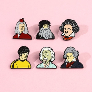 Detail view of 6-piece enamel pin set featuring cartoon famous historical figures