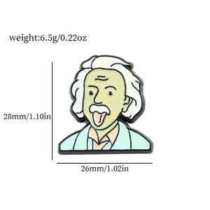 Cartoon enamel Einstein pin with classic tongue gesture, size 28mm x 26mm, 6.5g weight