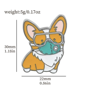Detail showing corgi dog enamel pin dimensions 30mm by 22mm with medical mask design