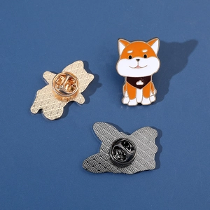 Cute cartoon Shiba Inu enamel pin with gold and silver alloy finish and butterfly clutch