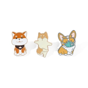 Cartoon dog enamel pin set featuring Shiba Inu and Corgi with cloud scarf and goggles