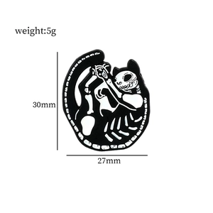 Gothic skeletal cat enamel pin badge in black and white finish, 30mm x 27mm size