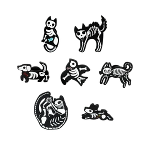 Gothic animal skeleton enamel pins featuring black cat dog and bird metal badges