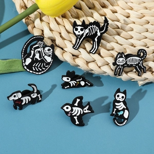 Detailed set of 6 Halloween animal skeleton enamel pins featuring cat, dog, and bird motifs