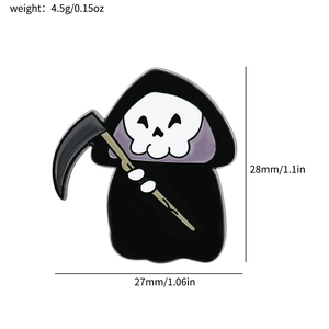 Detailed size specifications of a cartoon Grim Reaper enamel pin with measurements