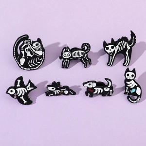 Detailed set of 7 dark Gothic animal skeleton enamel pins featuring cats dogs and birds