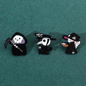 Gothic Halloween enamel pin set featuring Grim Reaper, Plague Doctor, and wizard cat