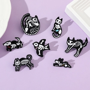 Collection of creative gothic cat and dog skeleton enamel pins on geometric pedestals