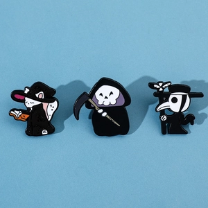 Three-piece enamel pin set featuring a witch cat, grim reaper, and plague doctor design