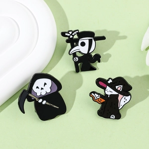 Detailed set of cartoon Grim Reaper, Plague Doctor, and Wizard Cat enamel lapel pins