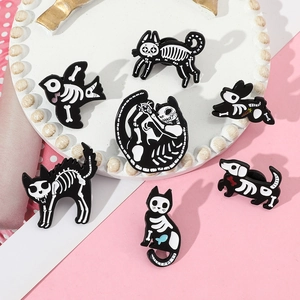 Set of 7 gothic enamel animal skeleton pins featuring a cat, dog, rabbit, and bird