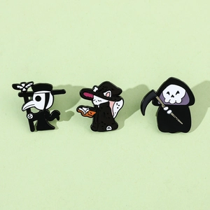Detailed view of Halloween enamel pins featuring plague doctor, wizard cat and grim reaper