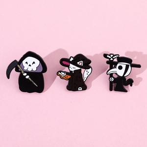 Detailed view of Halloween enamel pins set featuring reaper, wizard cat, and plague doctor