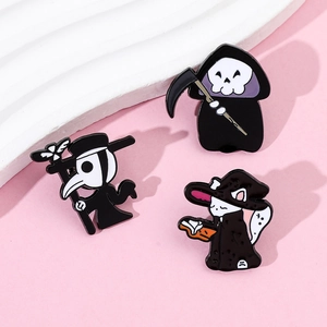 Detailed view of Halloween enamel pins featuring Plague Doctor, Reaper, and Magic Cat