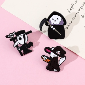 Detail of Halloween enamel pins set featuring a reaper, plague doctor and magic cat