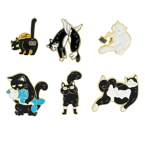 Set of six creative cartoon cat enamel pins featuring black and white kitty designs