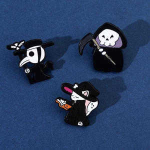 Detailed view of Halloween enamel pins featuring plague doctor, reaper and wizard cat