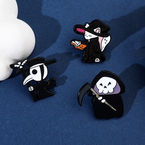 Detailed view of Gothic enamel pins featuring plague doctor, wizard cat and reaper
