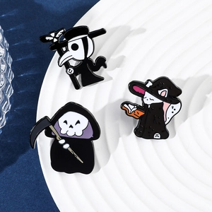 Detailed view of enamel pins set featuring plague doctor, grim reaper, and wizard cat