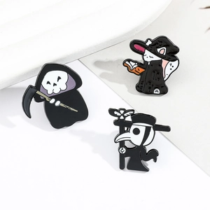 Detailed view of spooky enamel pins set featuring a reaper, magic cat and plague doctor