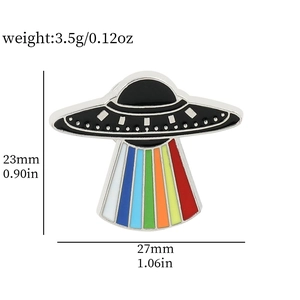 Cartoon UFO spaceship enamel pin with rainbow beam and detailed size specifications