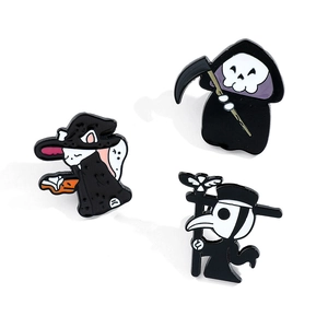 Gothic enamel pin set with grim reaper, plague doctor, and wizard cat designs