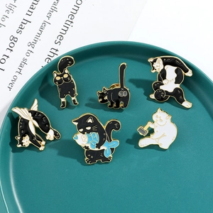 Set of 6 cute cartoon cat enamel pins featuring funny poses and fish designs