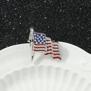 Detailansicht der silbernen USA-Flaggenbrosche mit funkelnden Kristallen auf schwarzem Grund