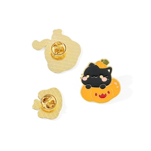 Cartoon Halloween black cat in pumpkin enamel pin set with secure butterfly clutch back