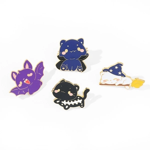 Halloween cartoon cat enamel pins set featuring bat, vampire, and witch hat motifs